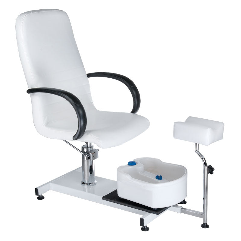 White pedicure chair with built-in foot massager by Beauty System, featuring cushioned seat and adjustable footrest for customer comfort.