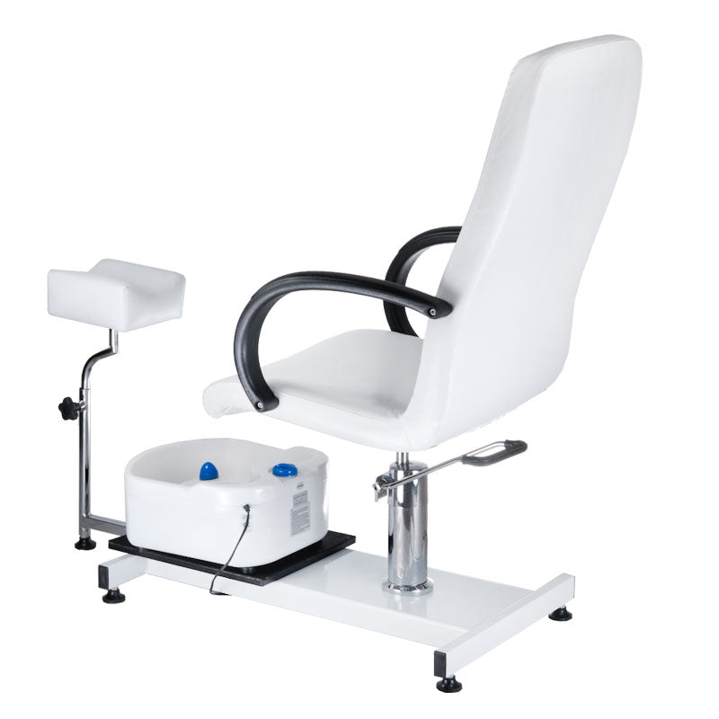 White pedicure chair with foot massager from Beauty System, featuring cushioned seating and built-in foot massage functions.