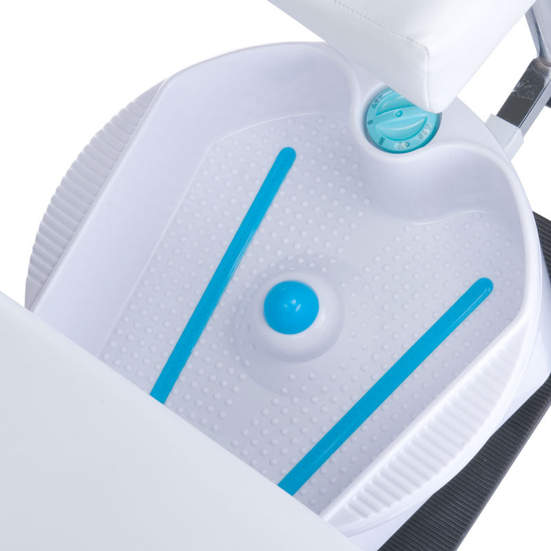 White pedicure chair with built-in foot massager from Beauty System, featuring comfortable seating and modern design.