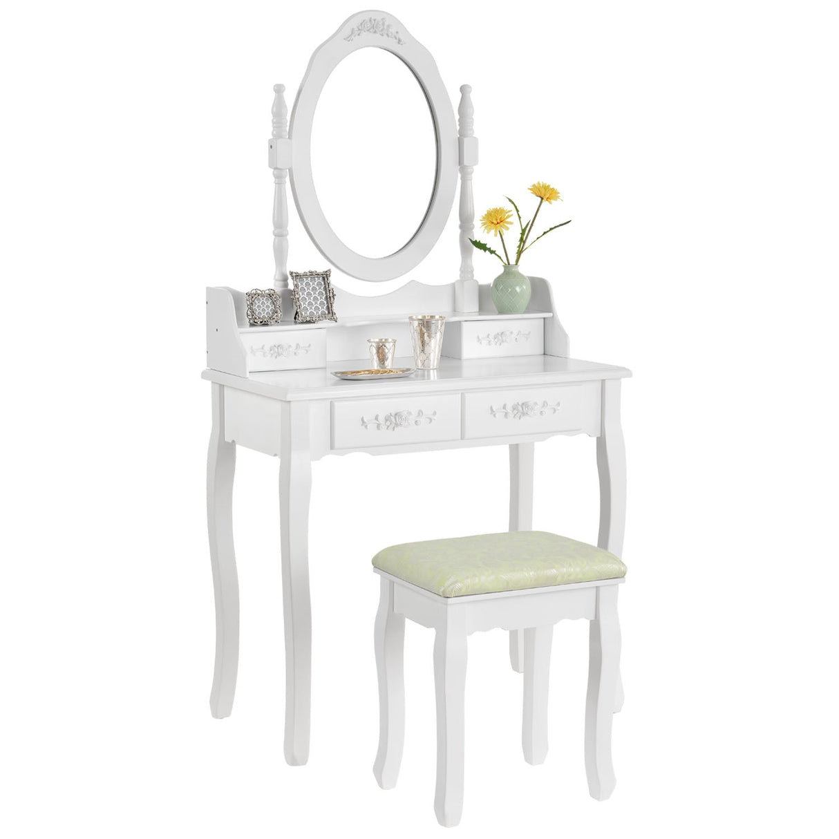 White MIRA Dressing Table with 4 drawers mirror + stool - BVShop