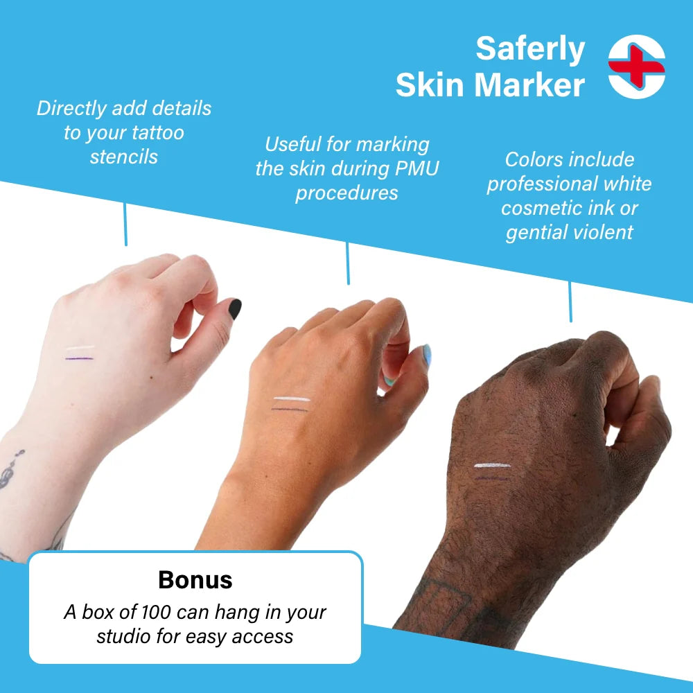 Saferly fine tip surgical skin marker in white and violet with a cap, designed for precise skin marking during medical procedures.