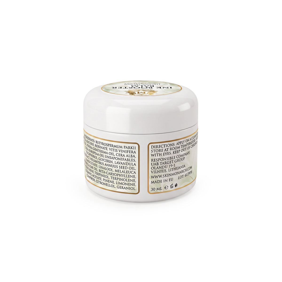 Skin Monarch Ink Booster Balm 30мл, задняя этикетка с ингредиентами и инструкциями