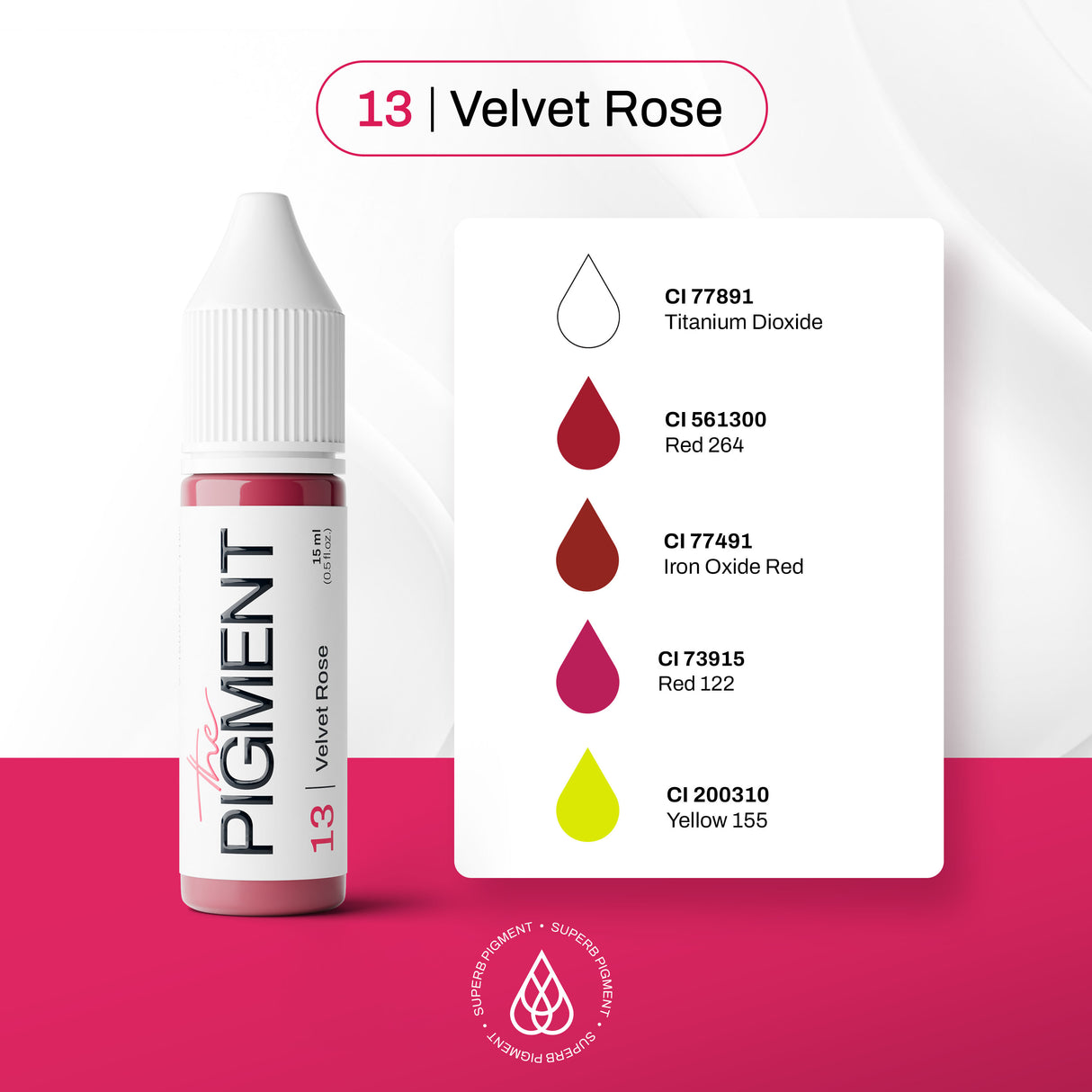 The Pigment 13 Velvet Rose pigment details for velvety lip colour