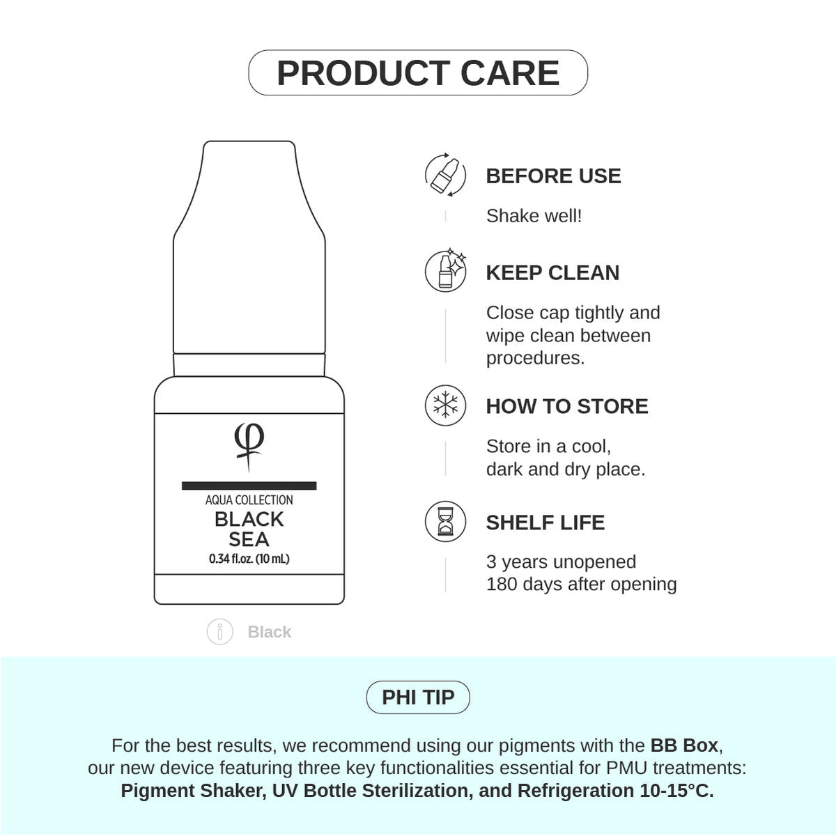 PhiAcademy PMU Aqua Black Sea Pigment 10ml — product care and storage