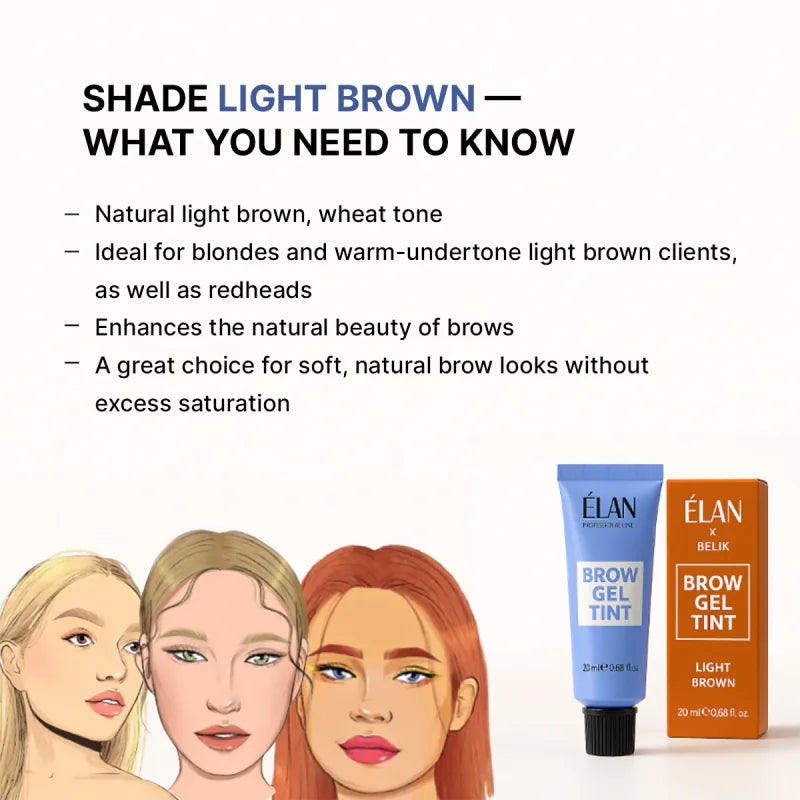 Elan Brow Gel Tint in Light Brown, 20ml, featuring a sleek tube and brush applicator for natural-looking brow color.