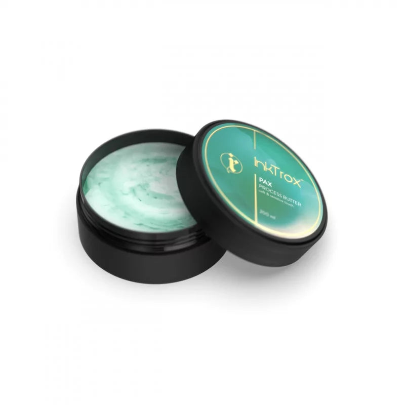 Open InkTrox PAX tattoo butter jar showing soft texture