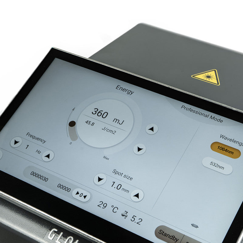 Kompakts GLOVCON MED tetovējumu noņemšanas lāzers ar skārienekrānu