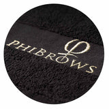 PhiBrows Black Cotton Towel 30x47cm — close-up of cotton texture and embroidered logo