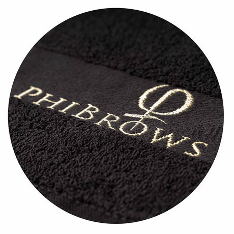 PhiBrows Black Cotton Towel 30x47cm — close-up of cotton texture and embroidered logo