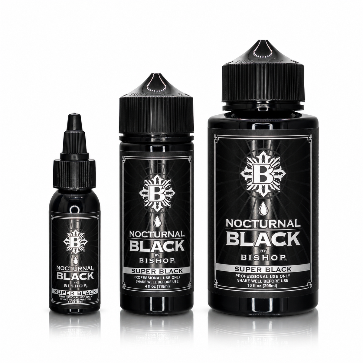 Nocturnal By Bishop Super Black 30ml, 118ml, 295ml — pudelīšu tilpumu salīdzinājums