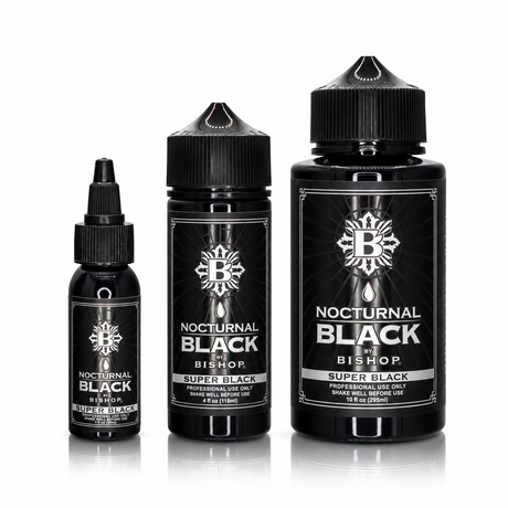 Nocturnal By Bishop Super Black 30ml, 118ml, 295ml — pudelīšu tilpumu salīdzinājums