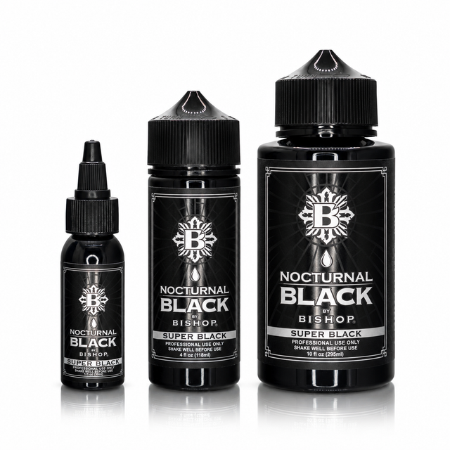 Nocturnal By Bishop Super Black 30ml, 118ml, 295ml — pudelīšu tilpumu salīdzinājums