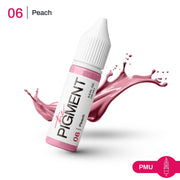 The Pigment 06 Peach Pigment 15ml bottle, vibrant orange-peach color, with label and clear glass container.