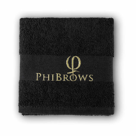 PhiBrows Black Cotton Towel 30x47cm — folded cotton towel with embroidered logo