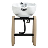 Omega Aqualina beige hairdressing wash unit with sink and reclining chair for salon use, featuring sleek design and comfortable upholstery.