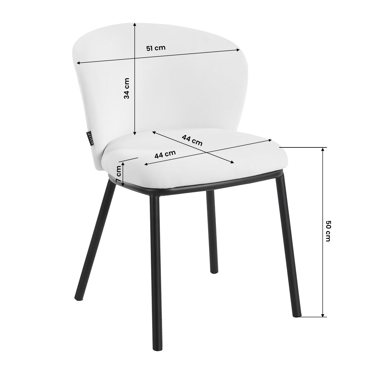 Dimensions photo for 4RICO Linea White Velour Chair with black metal legs