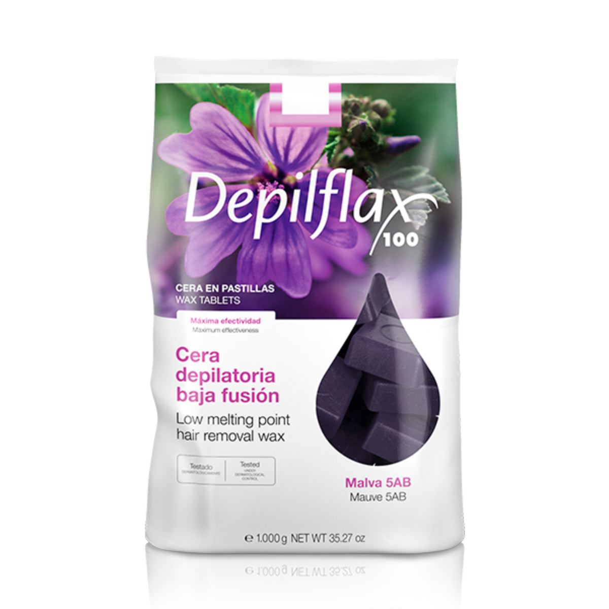 Depilflax 100 flexible low-melting point wax for hair removal in Malva, 1000g jar, suitable for smooth skin.