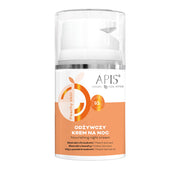 Apis Peachy Skin Nourishing Night Cream 50ml jar with peach-colored label and white lid, showcasing a smooth cream texture.