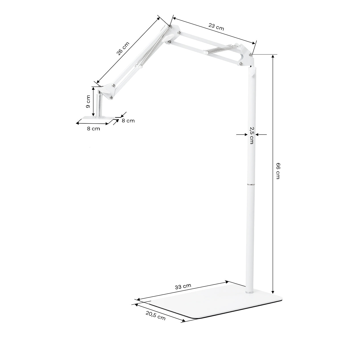 GLOW regulējams UV/LED pedikīra lampas statīvs – Balts; izmēru rasējums, pamatne 33 × 20,5 cm