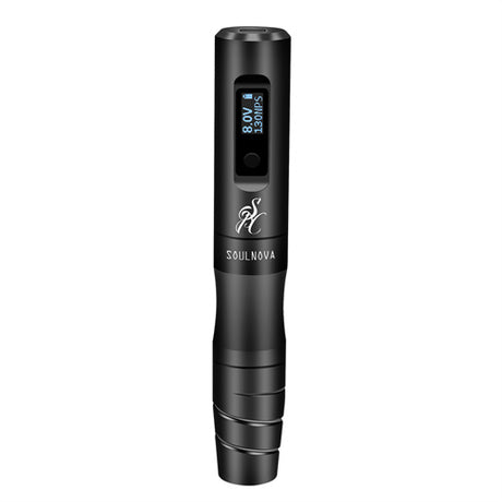 SoulNOVA E2 Mini wireless PMU machine pen in black with 2.5mm needle, compact and portable for permanent makeup procedures.