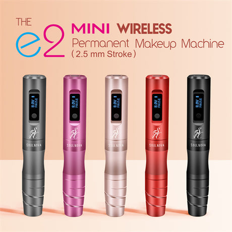 SoulNOVA E2 Mini wireless PMU machine pen in black with 2.5mm tip for permanent makeup procedures.