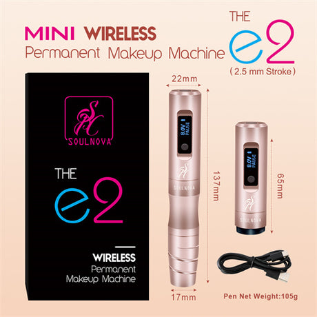 Soulnova SOULNOVA E2 Mini wireless PMU machine pen in black, showing its compact design and 2.5mm needle tip.