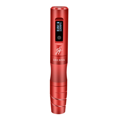 Soulnova SOULNOVA E2 Mini Wireless PMU machine pen with red body and 2.5mm needle, displayed on a plain background.