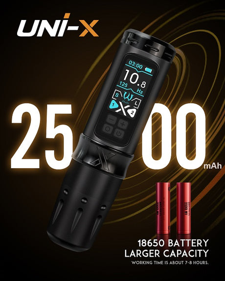 Wireless AVA UNI-X tattoo pen machine with ergonomic design and adjustable needle depth for professional tattooing.