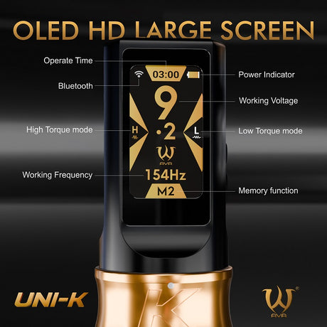 Wireless AVA UNI-K tattoo pen machine with ergonomic design and adjustable needle depth for precise tattooing.