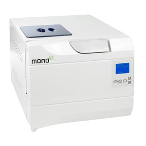 Medical autoclave MONA LCD 8L by Beauty System, Class B sterilizer with digital display and built-in printer in a professional setting.