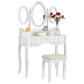 White vanity ELSA with 3 mirrors and 7 drawers + stool - BVShop