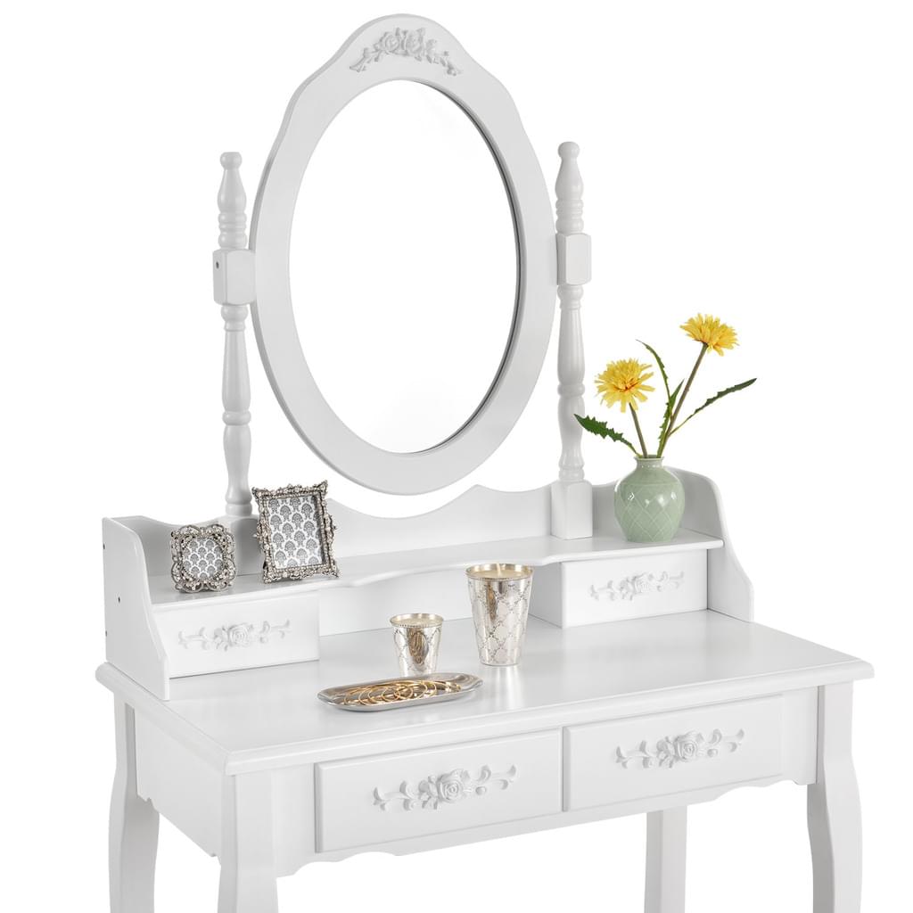 MIRA White Vanity Table with Mirror, 4 Drawers & Stool - BVShop