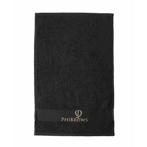 PhiBrows Black Cotton Towel 30x47cm on a light background