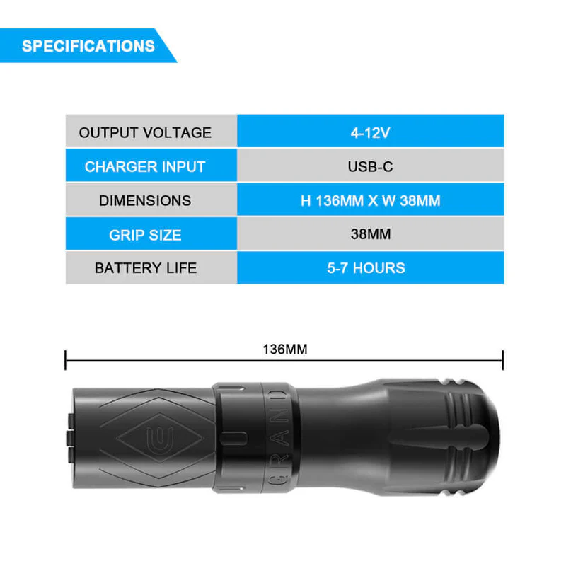 Emalla Grand dimensions, 38mm grip and 4–12V specifications
