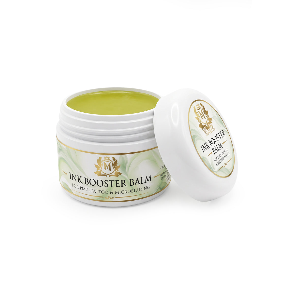 Skin Monarch Ink Booster Balm 30мл, открытая баночка с жёлтым бальзамом и крышкой