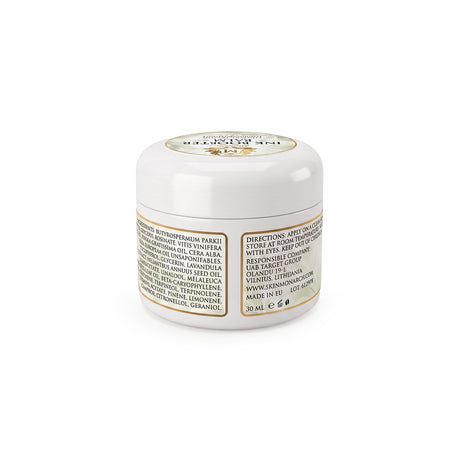 Skin Monarch Ink Booster Balm 30ml, aizmugurējā etiķete ar sastāvdaļām un lietošanas norādījumiem