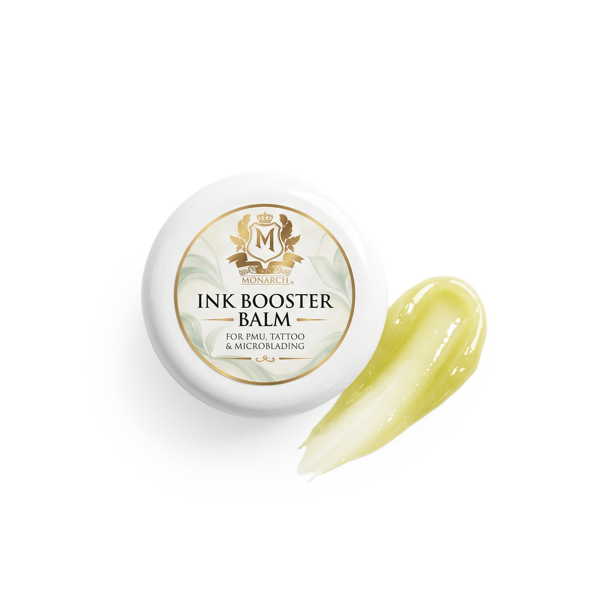Skin Monarch Ink Booster Balm 30мл, крышка рядом с мазком глянцевого жёлтого бальзама