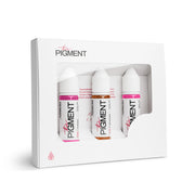 The Pigment PMU Lip Pigment Collection with three 15ml bottles of lip color pigments, displayed in a sleek packaging.