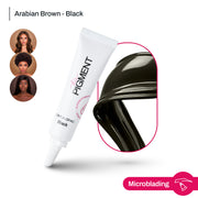 The Pigment Microblading Arabian Brown-Black pigment 10ml bottle shown, used for semi-permanent eyebrow tattooing.