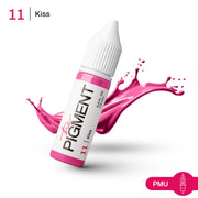 The Pigment 11 Kiss Pigment in a 15ml bottle, used for permanent makeup, shown in a clear container with label on a white background.