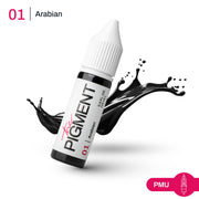 15ml bottle of The Pigment 01 Arabian Pigment with black cap and label, showcasing rich, dark pigment inside.