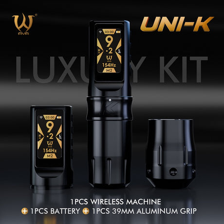 Wireless AVA UNI-K tattoo pen machine with ergonomic design and sleek black finish, ready for professional tattooing.