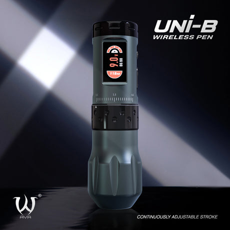 Gray AVA UNI-B Wireless Tattoo Pen Machine with ergonomic design and sleek finish, ready for professional tattooing.
