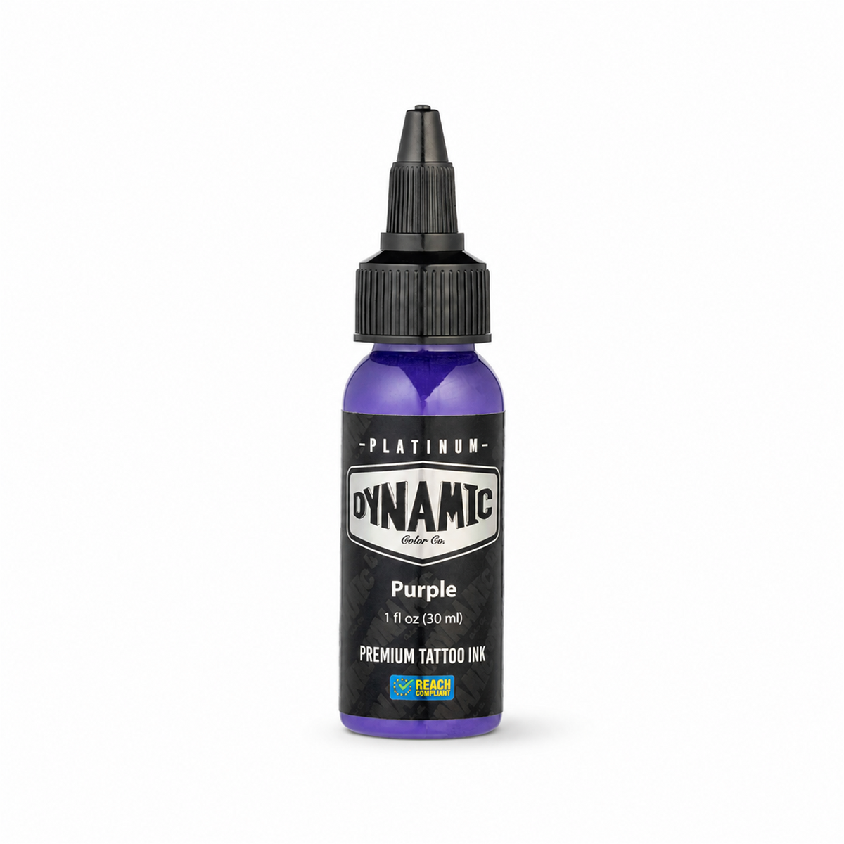 Dynamic Platinum Purple tetovēšanas tintes 30ml pudelīte uz balta fona ar maigu dabisku ēnu