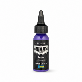 Dynamic Platinum Purple tetovēšanas tintes 30ml pudelīte uz balta fona ar maigu dabisku ēnu