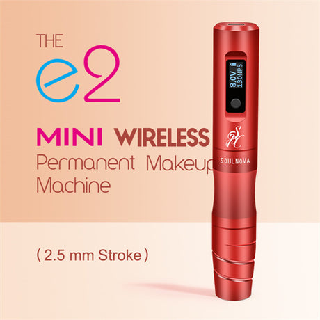 Soulnova E2 Mini Wireless PMU machine pen with 2.5mm needle in red, compact and portable for permanent makeup procedures.