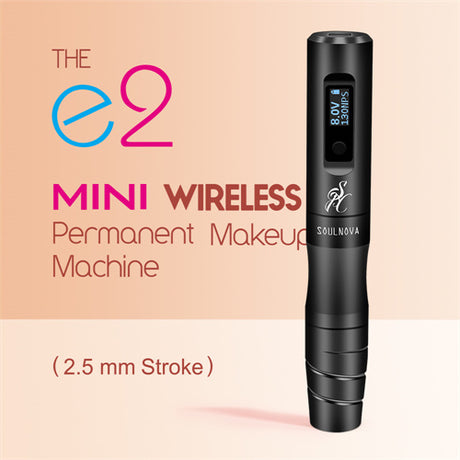 Black SOULNOVA E2 Mini Wireless PMU machine pen with 2.5mm tip, compact design, and ergonomic grip for permanent makeup procedures.