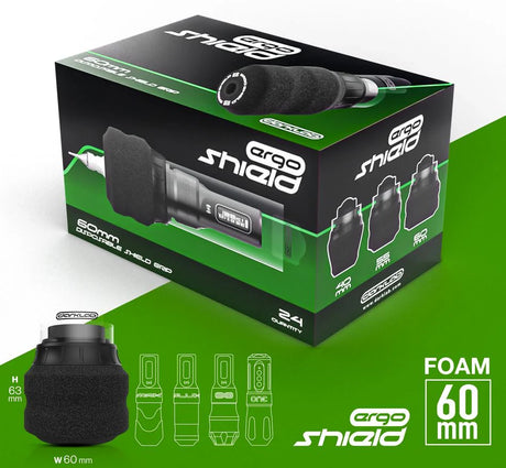FK Irons Ergo Shield Grip 60mm, black rubber tattoo grip for ergonomic comfort, shown in close-up.