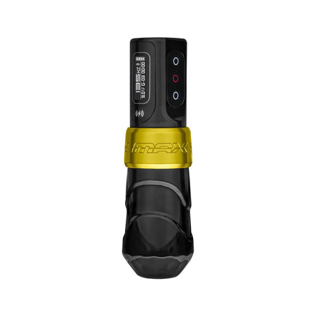 FK Irons Flux Max Gold/Stealth tattoo machine angled view