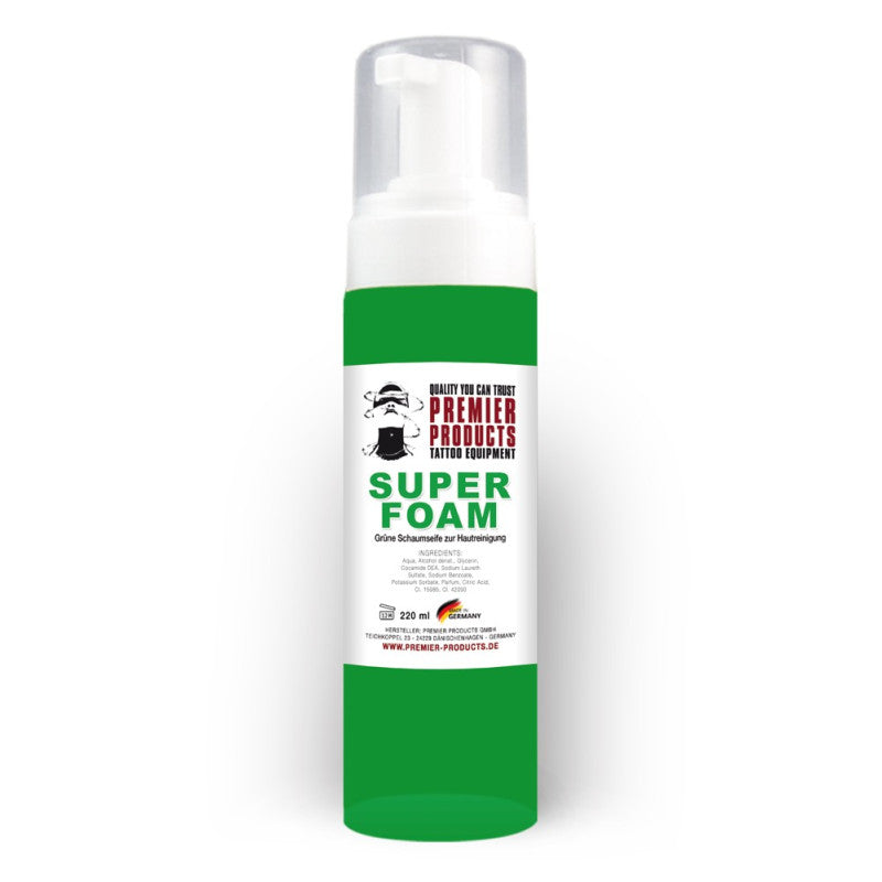 Green Super Foam 230ml from Premier Products Ink, showing the bright green foam in a clear container with a nozzle for application.